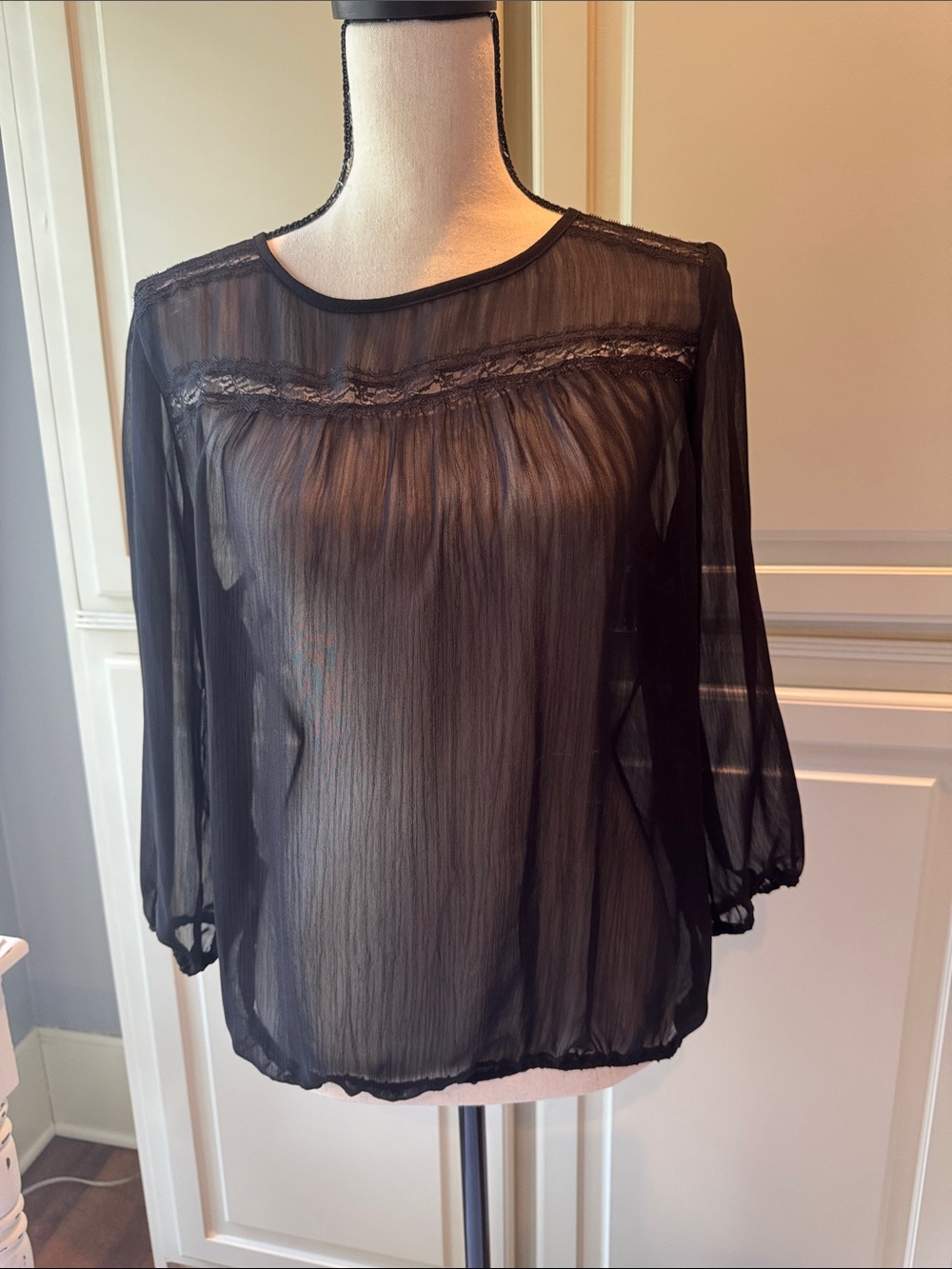 Lily White Sheer Black Lace-Yoke Blouse